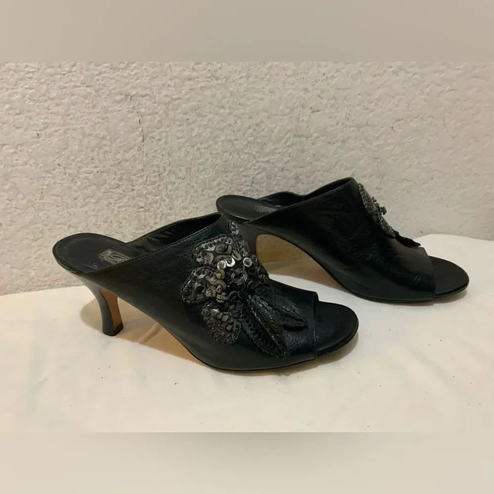 Brighton Rina Leather Sandal 7.5 M Black  Silver Accent Gem 3" Heel